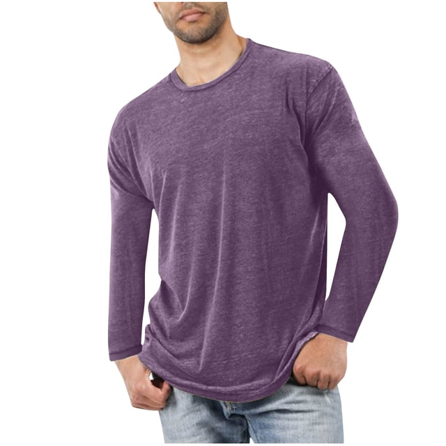 HAiming Men's Long Sleeve Shirts Casual Solid Color Round Neck Pullover Base Tops Plus Size Soft Pajamas Loungewear