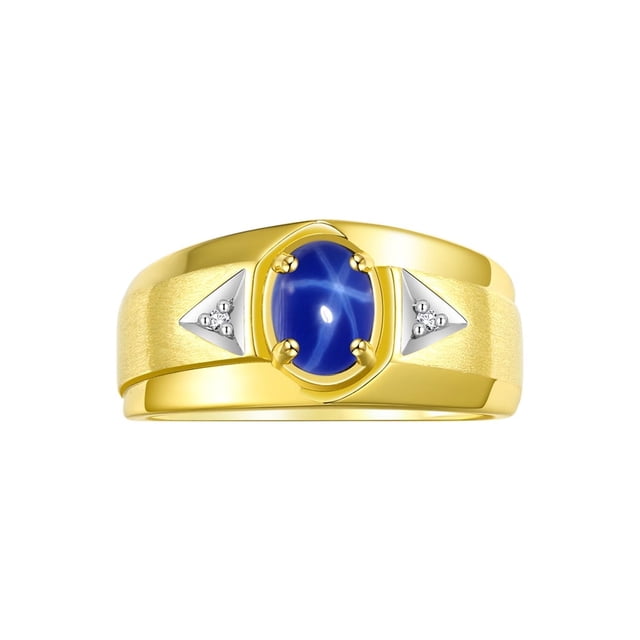 RYLOS Men's Rings 14K Yellow Gold Classic 7X5MM Oval Gemstone & Diamond Ring Blue Star Sapphire September Birthstone Rings For Men, Gold Rings Size 9