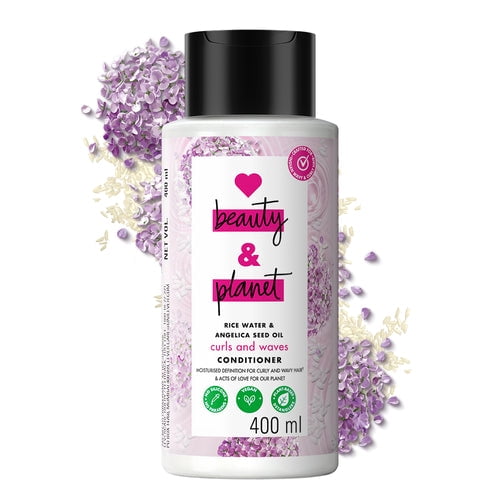Love Beauty and Planet Revitalisant Sans Silicone à l'Eau de Riz et à l'Huile de Graines d'Angélique pour Cheveux Bouclés et Ondulés 400 ml