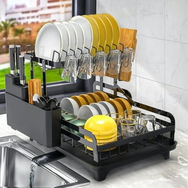 TEAFIRST Dish Drying Rack, 2 Tier Large Dish Rack and Drainboard for Kitchen Counter, 10.5'', Black