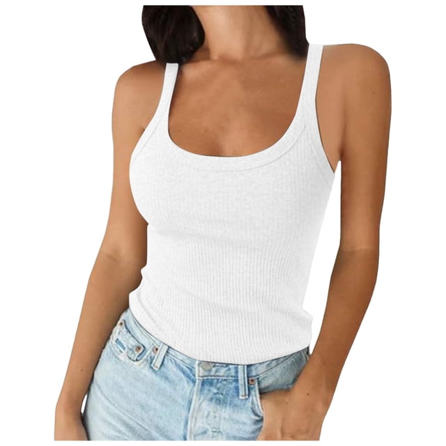 Women Spaghetti Strap Scoop Neck Ribbed Tank Tops Slim Fitted Cotton Camisole Basic Sleeveless Layering Shirts