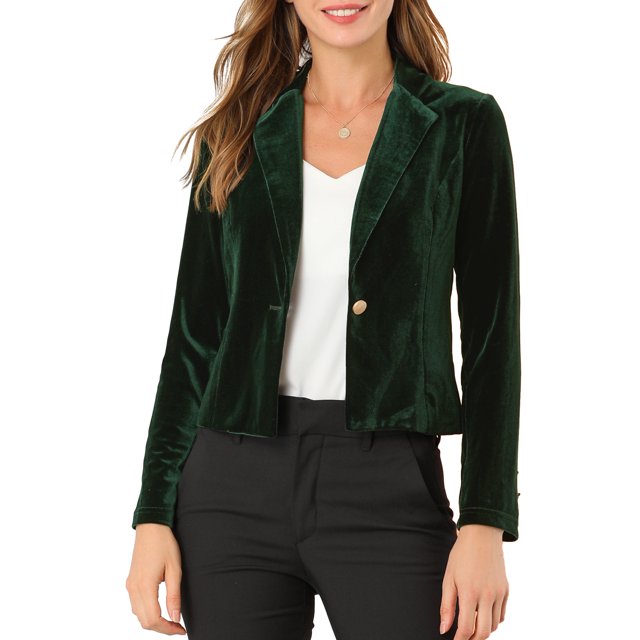 INSPIRE CHIC Women's Velvet Blazer Lapel Collar Long Sleeve Button Wear-to-Work Suit Jacket L Green