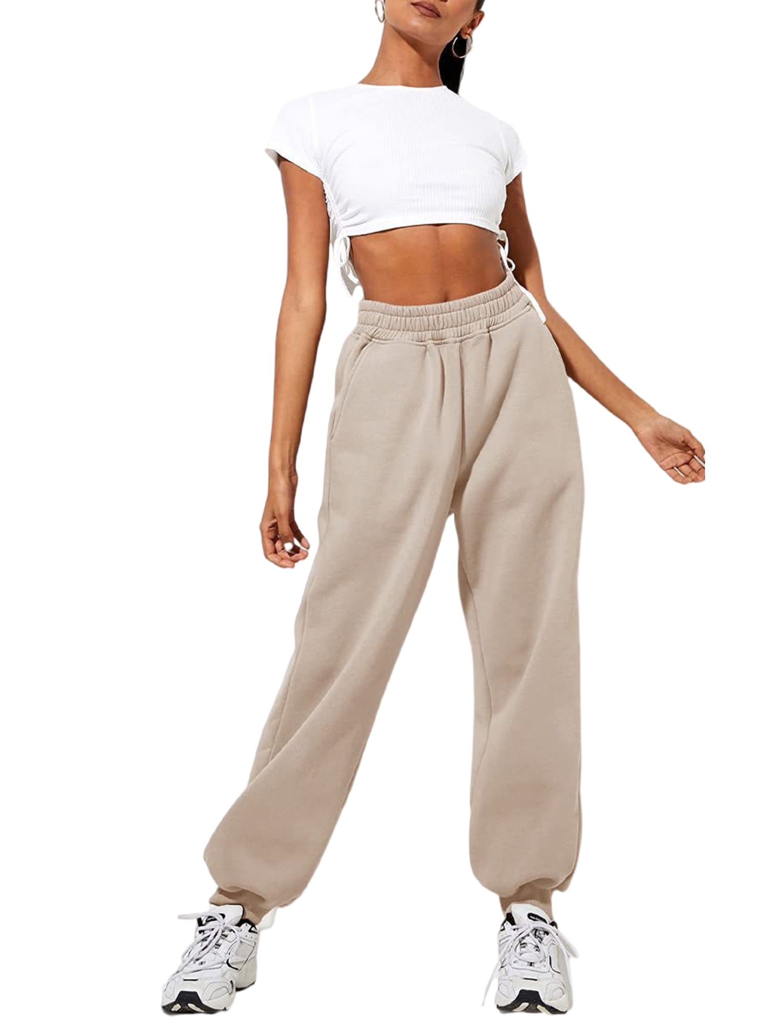 Innerwin Jogger Pants With Pockets Women Trousers Sports Solid Color Lounge Sweatpants Beige S