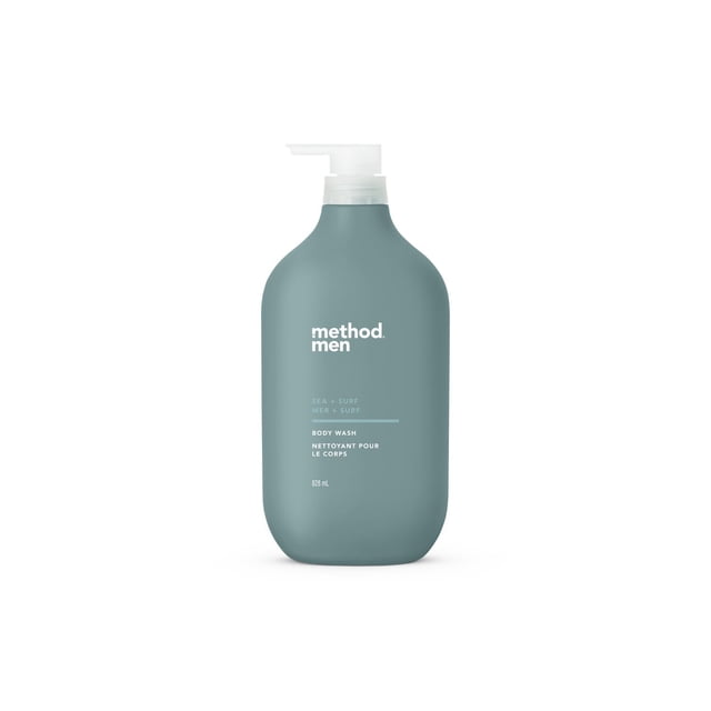 Method Men Body Wash, Sea + Surf 828 ml in a matte teal pump bottle with white text, featuring plant-based cleansers and a crisp, clean nautical scent. This men's shower gel offers quick lather and clean rinse for fresh skin.