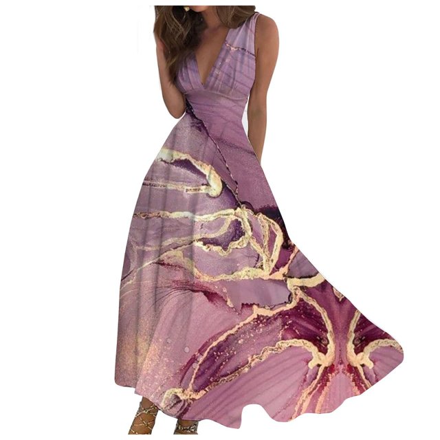 TJAZFJPA Robe Femme Mode Printemps et Été Imprimée Sans Manches Col en V Fermeture Éclair Latérale Style Robe de Soirée Grande Taille Robes Formelles