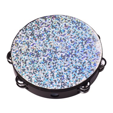 Tambourin à Main Radiant en Bois de 10 Pouces avec Double Rangées de Jingles, Tête de Tambour Réfléchissante Brillante, Instrument de Percussion pour Adultes et Enfants, Danse, Chant, Fête, Motif en Verre Brisé
