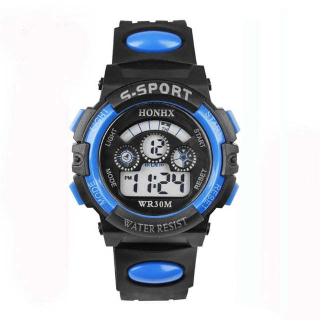 EGNMCR Children Boy Digital LED Quartz Alarm Date Sports Wrist Watch in blue, featuring a durable acrylic dial and strap. The watch has a digital display with functions including alarm, date, time, stopwatch, and luminous display. Designed for boys under 9 years, it has a 37mm dial diameter, 15.36mm case thickness, and a strap width of 2.5mm. The sporty design is water-resistant up to 30 meters and weighs 37.1g. Ideal for daily wear and gifting.