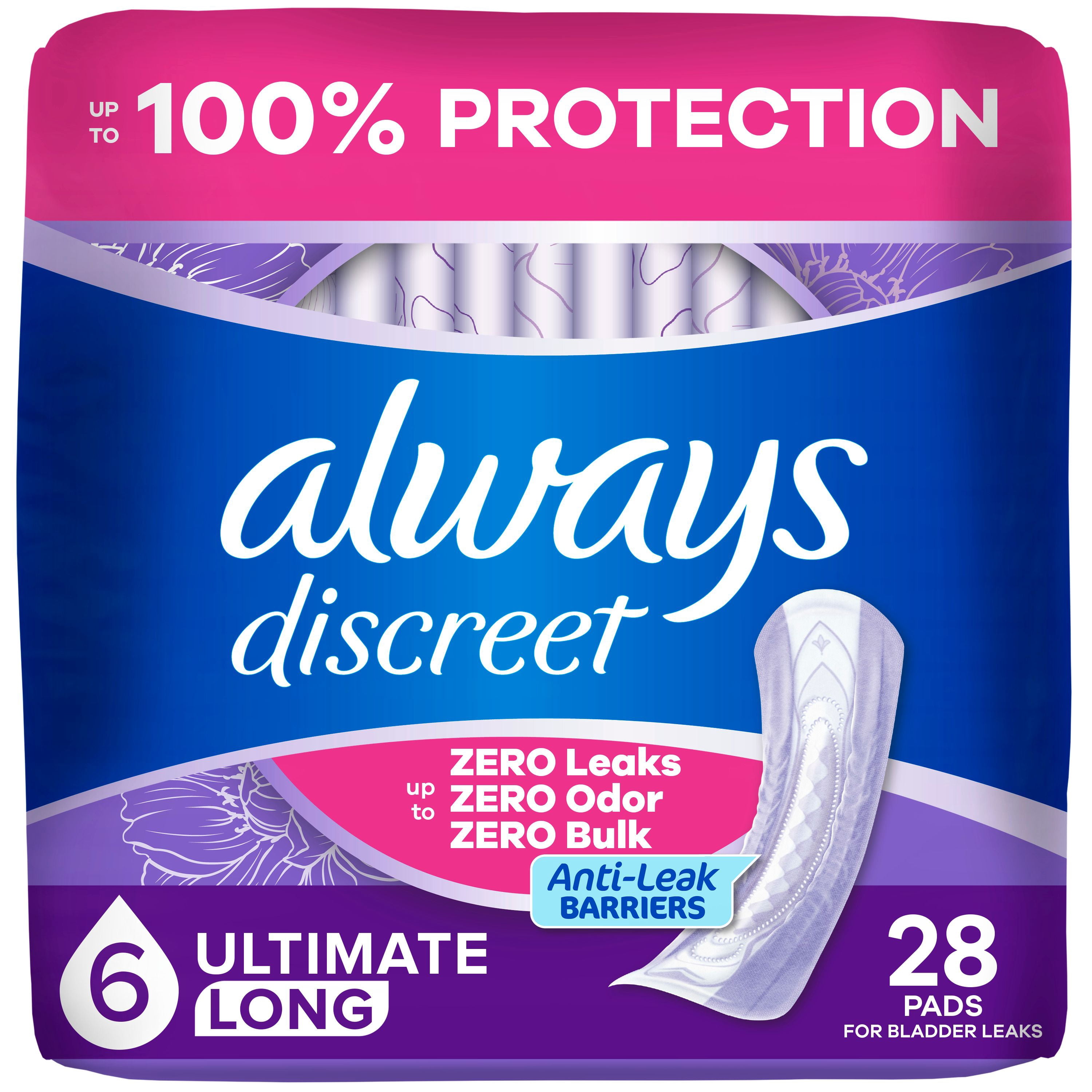 Serviettes d’incontinence Always Discreet pour femmes adultes, degré d’absorption suprême, longues, serviettes de post-partum, 28 serviettes