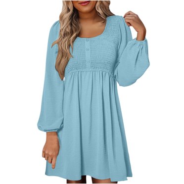 cfhntfmh Robes Décontractées pour Femmes Automne Amples à Manches Longues Robe Chemise Froncée Détente Col Rond Boutons Robe Plissée Mini