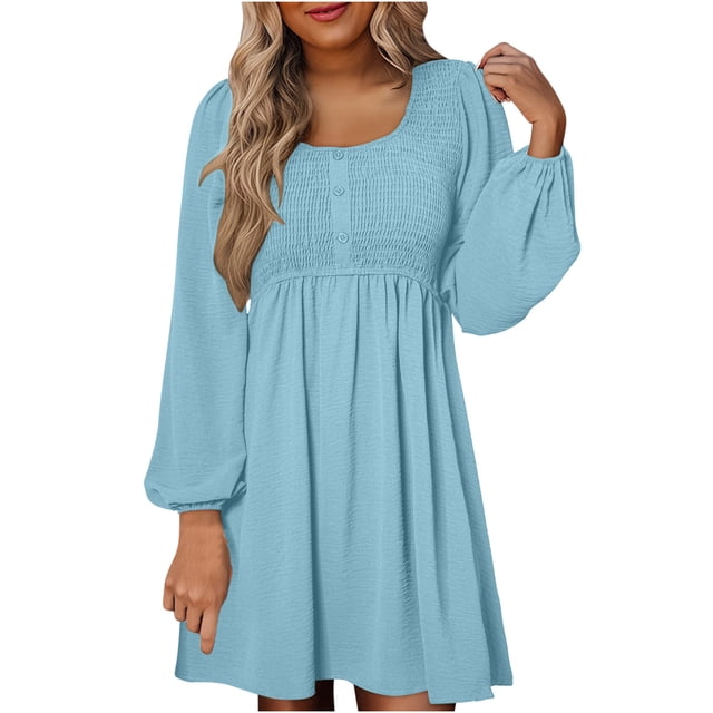 cfhntfmh Robes Décontractées pour Femmes Automne Amples à Manches Longues Robe Chemise Froncée Détente Col Rond Boutons Robe Plissée Mini