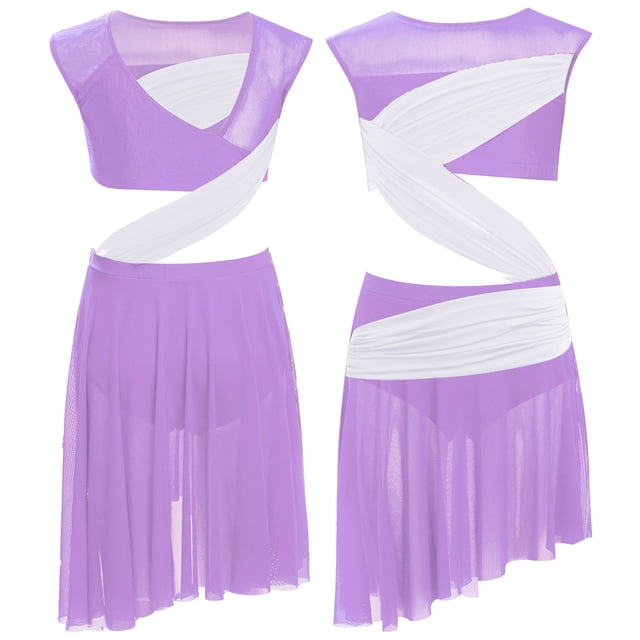 Runhomal Justaucorps de Danse pour Fille Enfant avec Jupe Asymétrique en Maille Transparente Scintillante, Ballet Lyrique, Violet Pâle 8