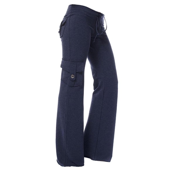 CFLVAEK Pantalon Cargo Femme Bleu avec Poches et Cordon de Serrage Athlétique Taille Mi-Haute Jambe Grand Pantalon Jogger Extensible Uni Pantalon de Randonnée Décontracté Pleine Longueur Pantalon de Détente Yoga Bleu Marine P