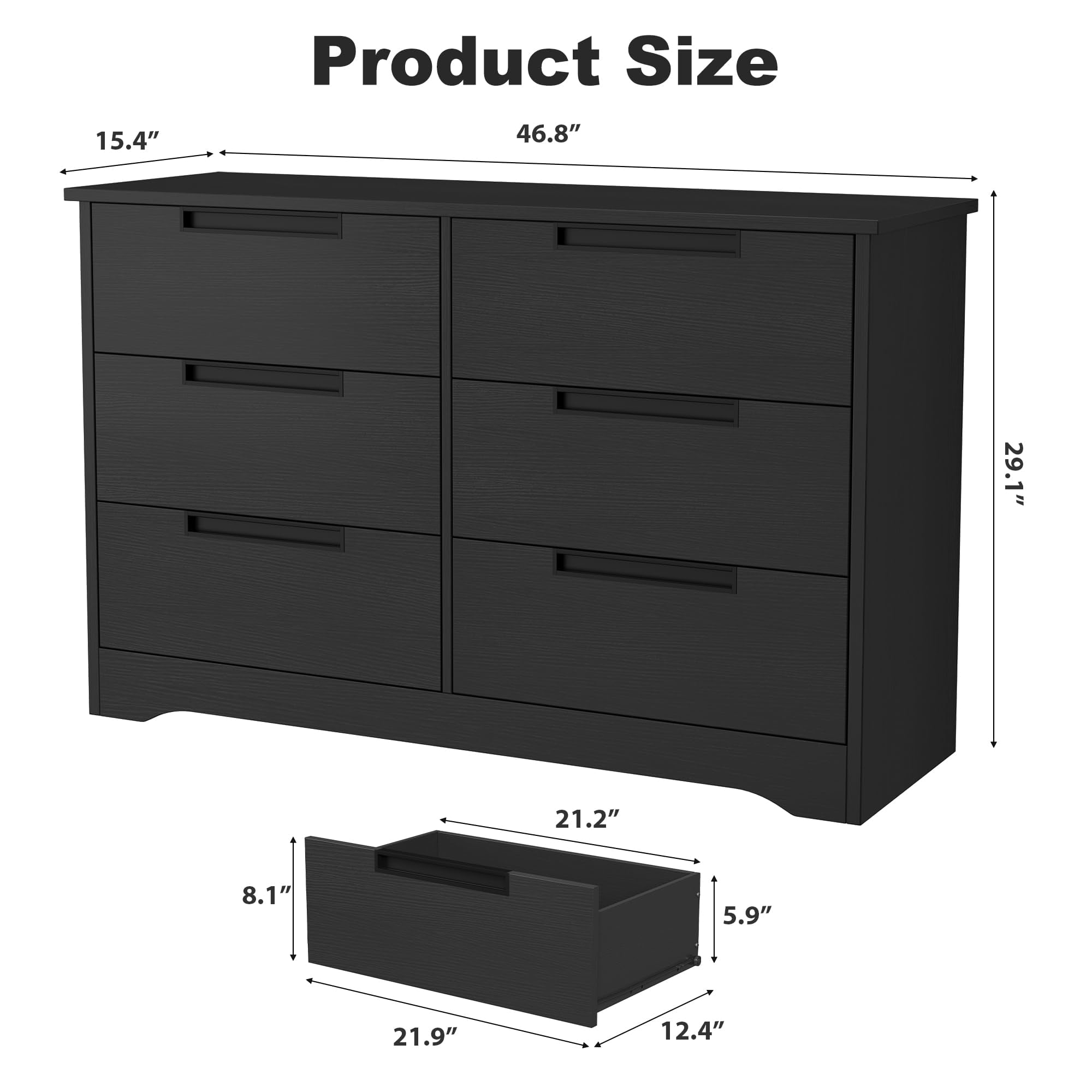 AKDSteel 6 Drawer Dresser For Bedroom, Black Modern Chest Of Drawers With Embedded Handles, Wooden Organizer For Living Room, Nursery, And Hallway