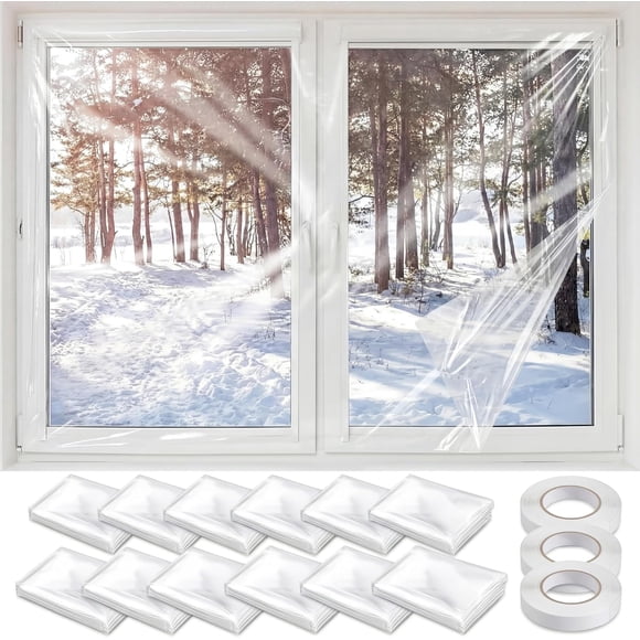 12 Pcs Window Insulation Kit 47 x 126 Inch Plastic Window Covering for Winter Double Sided Interior Replacement Tapes Windows Insulation for Winterizing, Weather Sealing