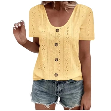 Jsaierl Hauts en Dentelle Ample pour Femmes à Œillets Couleur Unie Décontractés Col Rond Manches Courtes Chemises Légères d'Été Aguichant pour Sortir Blouses