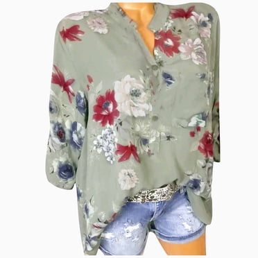 Summer Savings Clearance RKSTN Women's Summer Tops Fashion Floral Print Button Shirt V-Neck Casual Loose Top Blouse