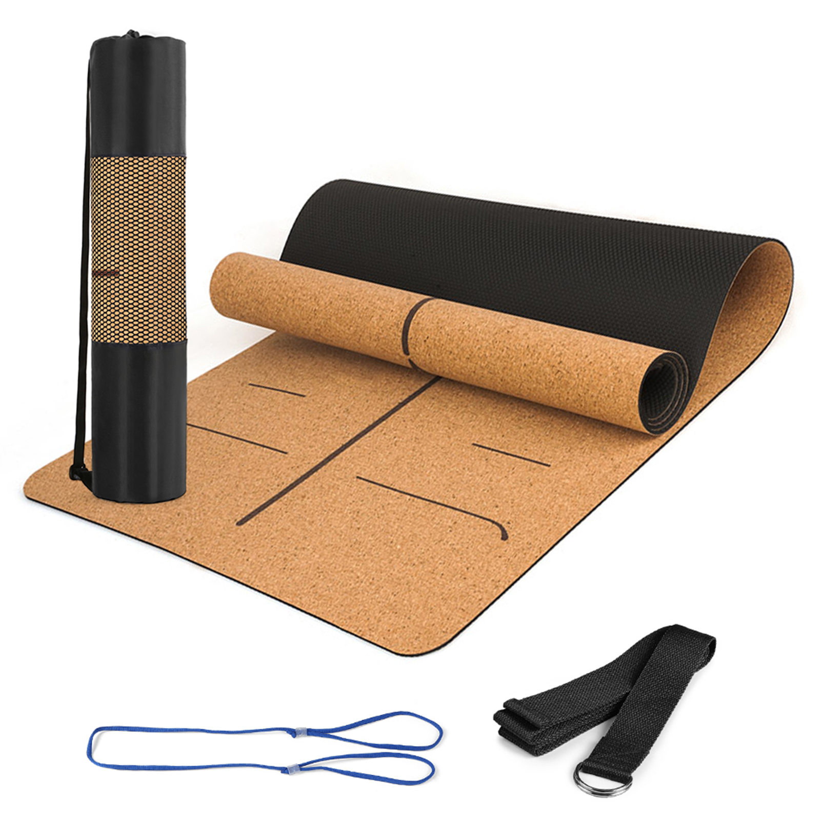 5mm Thick Non Slip Cork Yoga Mat with Yoga Strap