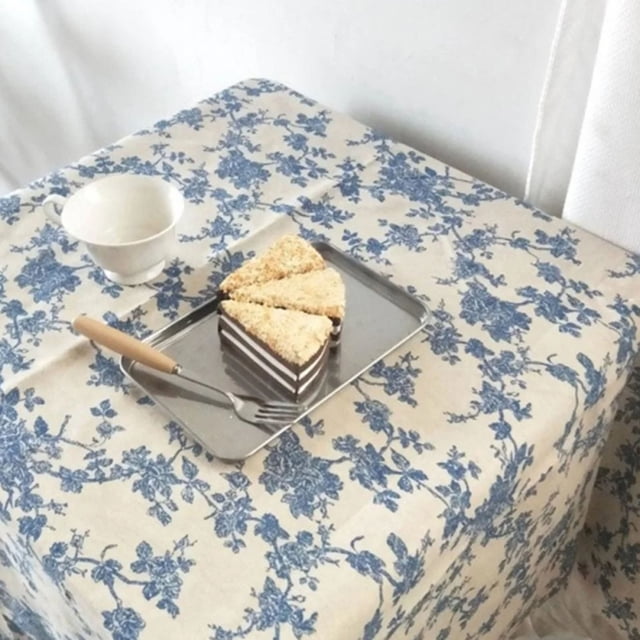 Bovemsi Clearance Blue Floral Table Cloth Retro Cotton Linen Blue Flower Tablecloths for Table Nappe