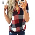 thumbnail image 1 of Femmes T-Shirt V Cou Manches Courtes V Cou Haut à Carreaux Imprimé Blouse Décontractée, Rouge, S, 1 of 4