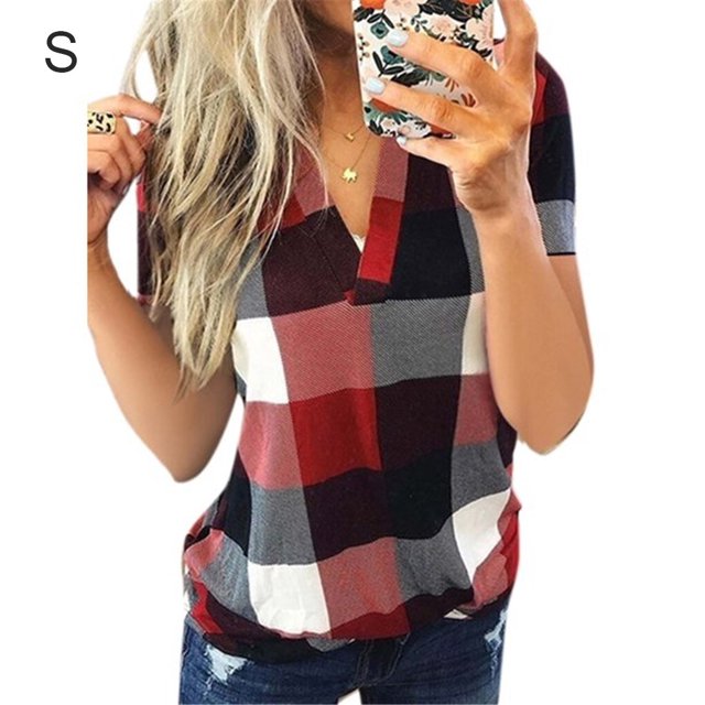 Femmes T-Shirt V Cou Manches Courtes V Cou Haut à Carreaux Imprimé Blouse Décontractée, Rouge, S