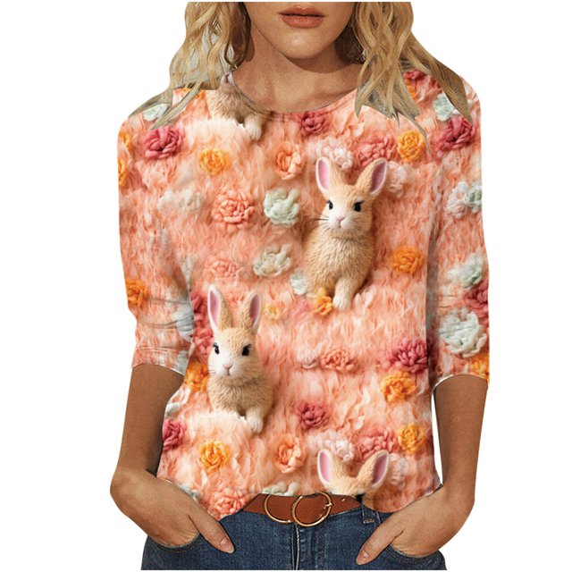 RKSTN Womens Tops Casual Fashion Cute Easter Bunny Printed 3/4 Sleeve Round Neck Tops Spring Summer 3D Printed Ruched Pullover Blouse Tops