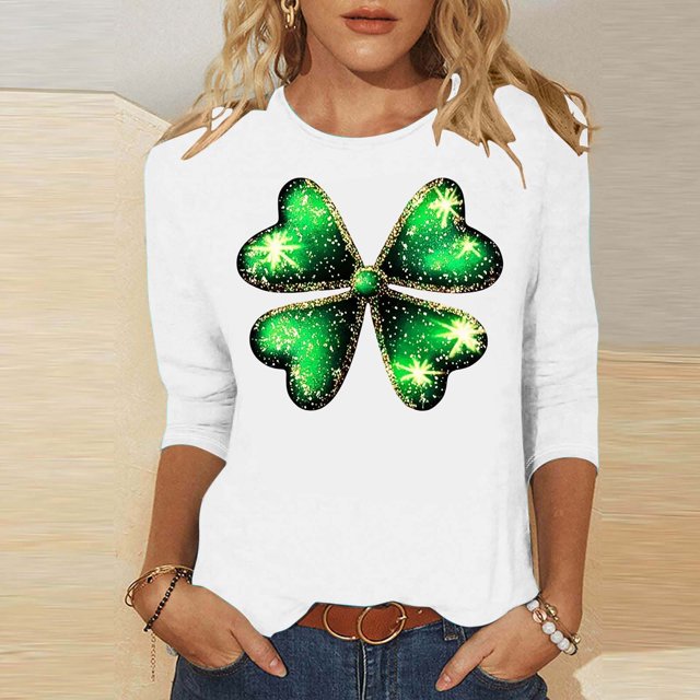 Elvqul T-Shirts pour Femmes Grande Taille à Imprimé Col Ras du Cou T-Shirts Manches 3/4 Mode Vert Saint-Patrick Jolis Hauts pour Femmes