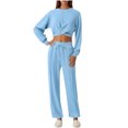 thumbnail image 1 of ShomPort Womens 2PC Matching Set Long Sleeve Crewneck Wrap T-Shirts Drawstring Elastic Waist Loose Pants Going Out Trendy Set, 1 of 7
