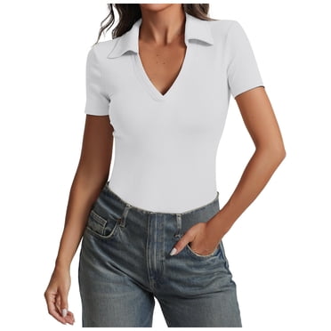 LUOGENLI T-shirts pour Femme pour Femmes T-Shirt en Tricot à Manches Courtes Côtelé Uni Décontracté Basique Haut Tee T-shirts Femmes Blanc Fête de la Saint-Patrick Blanc TTG