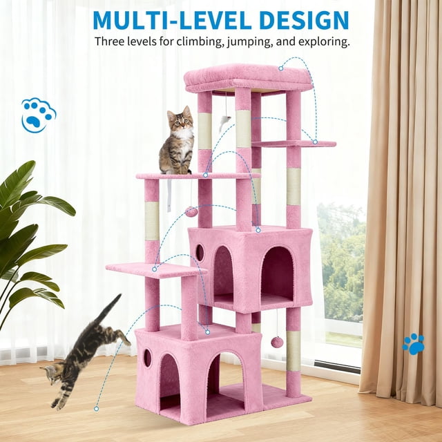 Yiwa Multi-Level 61" Cat Tree Tower, Sturdy Modern Cat Furniture for Large Cats and Maine Coons, Featuring Jumbo Perch, Two Spacious Condos, Sisal Scratching Posts, and Hanging Balls