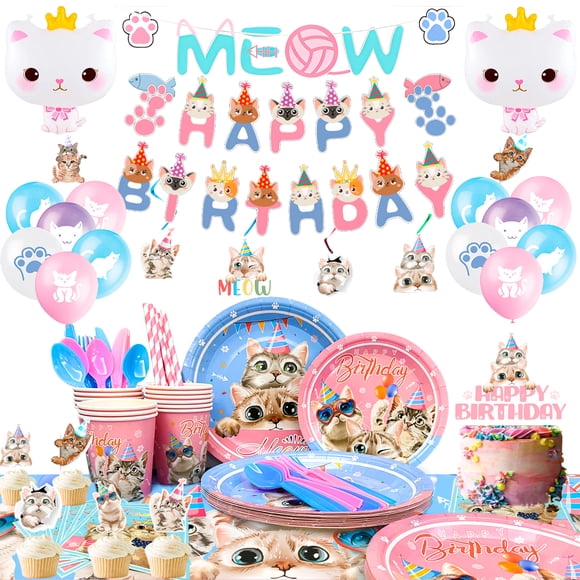 Fournitures pour Fête d'Anniversaire de Chat, Ensemble de 181 Pcs de Décorations pour Fête de Chat - Ballons, Bannière, Décoration de Gâteau, Assiettes, Gobelets, Nappe pour Fournitures de Fête d'Anniversaire à Thème Chat