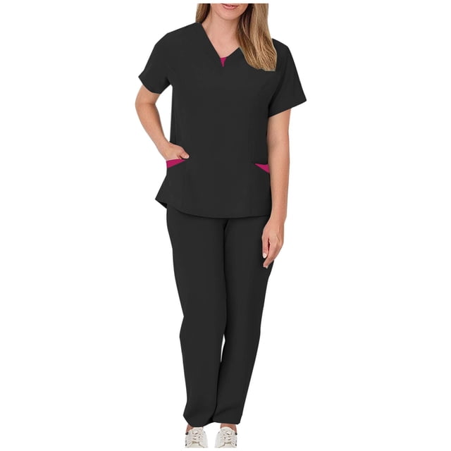 Women Scrub Sets, V Neck Medical Uniform Top with Pockets, Drawstring Scrub Pants, Nurse Uniform Sets for Work, Casual Two-Piece Outfits