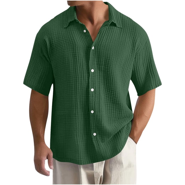 Kaemgyyd Mens Button down Shirt Lightweight Summer Beach Vacation Tops Casual Loose Textured Solid Color Half Sleeve Tee