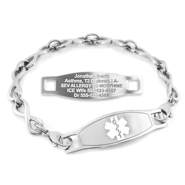 MedicEngraved Bracelet d'Alerte Médicale Personnalisé en Acier Inoxydable avec un design à Maillons Infini de 6 mm et une Étiquette d'Identité Rectangulaire. Comprend des Informations Médicales Gravées et un Symbole d'Alerte Médicale pour une identification Rapide. Fabriqué en Acier Inoxydable Chirurgical 316L Hypoallergénique, Il Est Imperméable et Idéal pour le Port Quotidien. Personnalisable avec des options de Gravure et la Taille du Poignet, Ce Qui en Fait une Pièce de Bijou d'Identité Médicale Pratique et Élégante.