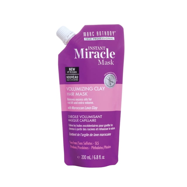 Marc Anthony Miracle Mask Masque Capillaire Volumisant en Argile dans une Pochette de 200 ml Violette et Rose avec Capuchon Blanc, Formulé avec de l'Argile de Lave Marocaine pour Enlever l'Excès d'Huiles pour Rehausser les Racines et Augmenter le volume, Sans sulfates, Parabènes Ni Phtalates, Idéal pour un Traitement Capillaire Hebdomadaire.