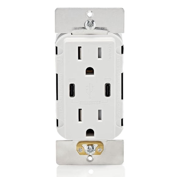Leviton 60W (6A) USB Dual Type-C/C Power Delivery in-Wall Charger with 15A Tamper-Resistant Outlet, USB Charger for Smartphones, Tablets, Laptops, T5