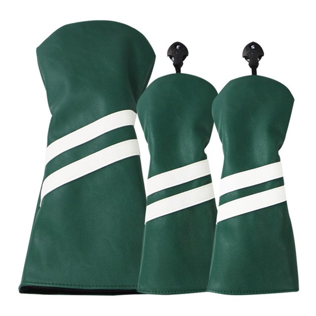 facefd Ensemble de 3 Pcs Couvre-Tête de Club de Golf en Cuir Résistant à l'Usure à Double Rayure avec Étiquette Plaque d'Immatriculation Rotative Réglable Protecteur en Bois Vert