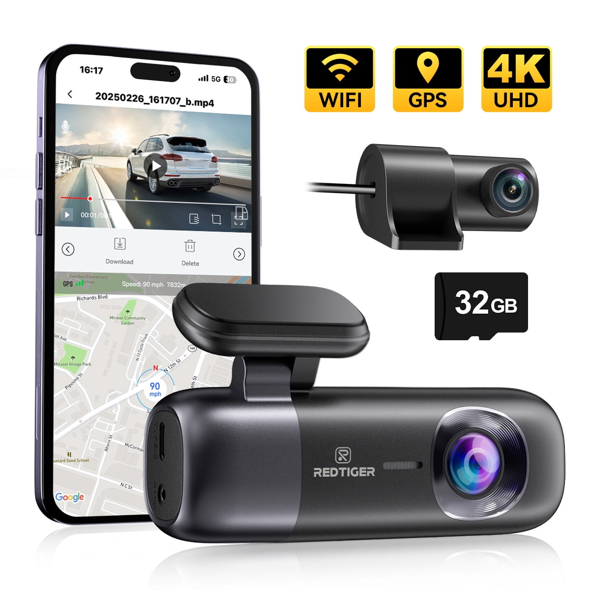 REDTIGER Dash Cam, 4K Front and 1080P Rear Car Dash Camera with WiFi & GPS, Smart App Control, Night Vision, Free 32GB Card