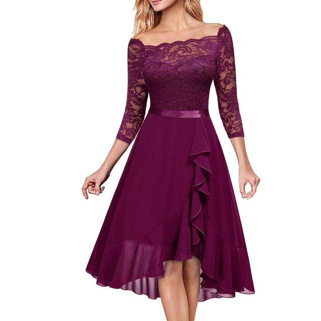 Robes Violettes pour Femmes Couleur Unie Manches Courtes Robe en Dentelle Encolure Carrée Coupe Ajustée Vintage Cocktail Formelle Robe de Bal Midi Rétro Élégante Blouse Ligne A Taille Plissée Ourlet Évasé Robe,L