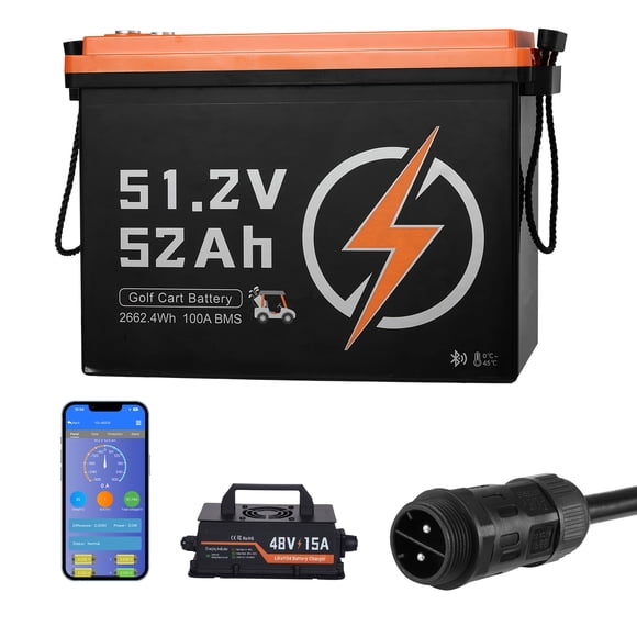 KFFKFF 48V (51.2V) 52AH Lithium Golf Cart Battery, with 15A Charger, Lifepo4 Battery Kit, Built-in 100A BMS, 4000 Cycles, 2C Discharge Rate, Bluetooth & Mobile APP