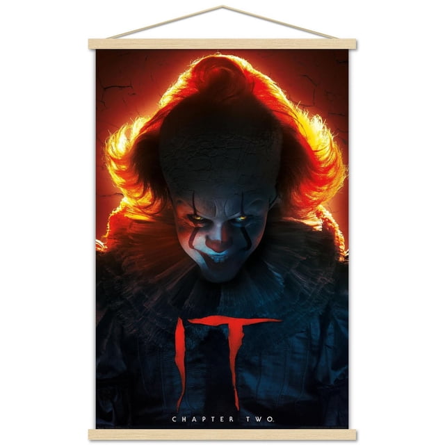 IT: Chapter 2 - Evil Glow Wall Poster, 22.375" x 34" depicting a dark figure with fiery red backlit hair and a detailed ruffled collar against a cracked orange background, with the red 'IT' title and 'Chapter Two' text below, suitable for home décor or themed party settings.