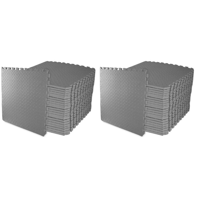 BalanceFrom 2-Pack 24 Ct. 24”x24” Interlocking Foam Puzzle Exercise Mat, 3/4” Thick, Gray. The image displays two stacks of gray interlocking foam tiles with a textured, anti-slip surface. Each tile measures 24 x 24 inches and is 3/4-inch thick, providing 96 square feet of cushioned flooring per pack. These high-density EVA foam tiles are designed for home gyms, playrooms, or daycare spaces, offering impact absorption and joint support. Lightweight and moisture-resistant, the tiles are easy to assemble, clean, and transport, making them versatile for various uses.