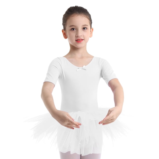inhzoy Robe Tutu de Danse Ballet pour Filles Manches Courtes Justaucorps Combinaison de Gymnastique Performance de Scène Blanc 4TG