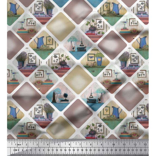 Soimoi Rayon Crepe Fabric Frame,Jug & Flower Pot Patchwork Print Fabric by The Yard 46 Inch Wide