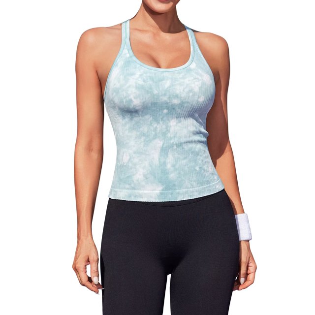 Charmo Women's Scoop Neck Ribbed Tank Tops Slim Straps Cropped Tops Built in Bra
