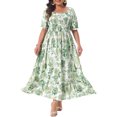 thumbnail image 2 of GRACE & GRANDEUR Robe Maxi Bohème à Fleurs pour Femme Grande Taille à Manches Courtes, Encolure Carrée, Smockée 3X Vert, 2 of 5