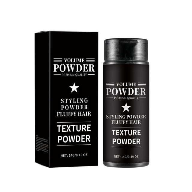 FcBaudy Hair Care Products Matte Styling Powder Hair Quality Control Oil Refreshing Styling Hair Texture Powder 14g. The product features a black cylindrical container with 'Volume Powder Premium Quality' text, paired with a matching black box. It offers strong styling, oil absorption, and a matte finish for enhanced hair texture and volume. Ideal for daily use or formal occasions, it nourishes and protects hair while styling.