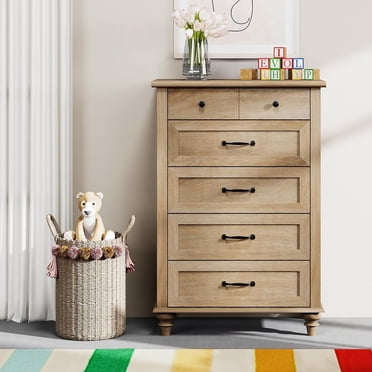 WAMPAT Tall Dresser for Bedroom with 5 Drawers&Solid Wood Legs,Mid Century Modern Chest of Drawer Vertical Dresser Storage Organizer,Farmhouse Dresser for Kids Bedroom,Oak