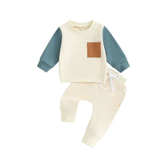 ZAXARRA Baby Boy Clothes Color Block Crewneck Sweatshirt and Elastic Pants Set for Toddler Fall Clothes 2 Piece Outfits