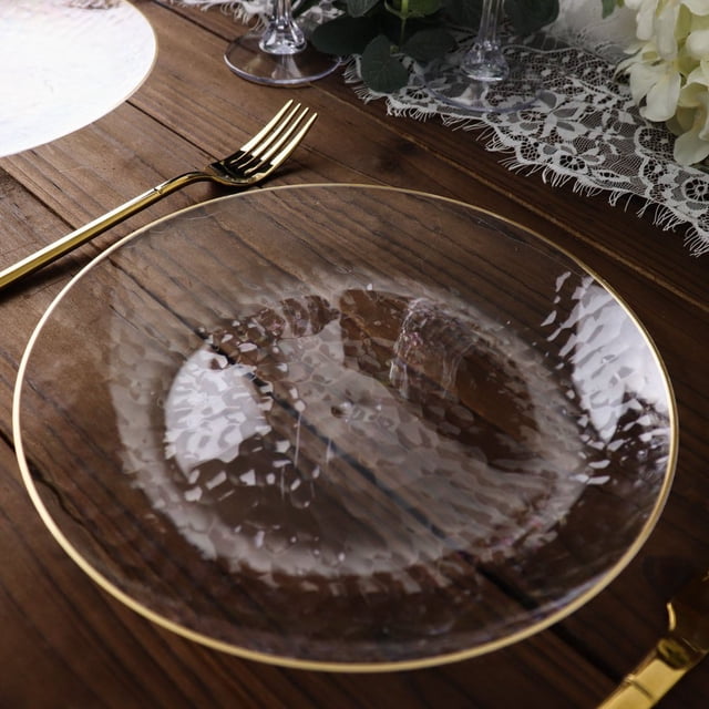 CUITING Lot de 10 Assiettes de Service Rondes Jetables en Plastique Martelé Transparent à Paillettes Dorées avec Rebord Doré - 13”