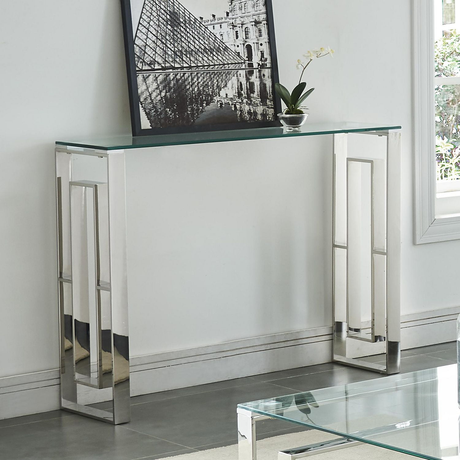 Console/bureau contemporain en acier inoxydable et verre – argent